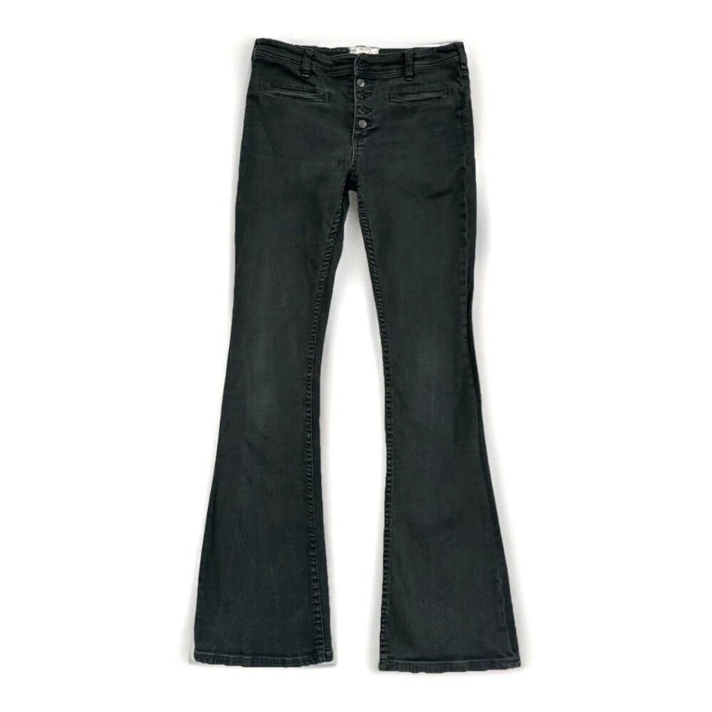 Free People Women’s 28 Black Flare Hi Rise Button Fly Stretch Denim Jeans 30x32